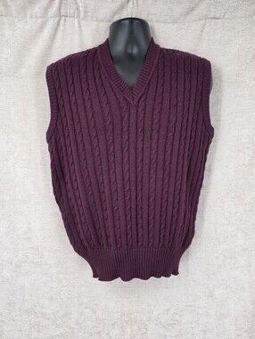 Vintage Men's V-Neck Cable Knit Sweater Vest Burgundy 100% Botany Wool Preppy
